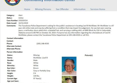 ALEA Issues Missing Senior Alert for 97-Year-Old Tuscaloosa Man