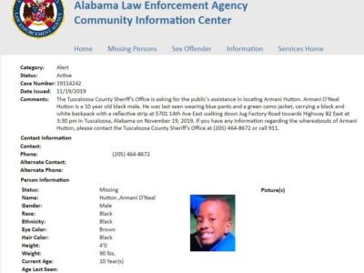 Tuscaloosa County Sheriff’s Office Asking for Assistance to Locate Armani Hutton, 10, Last Seen Nov. 19