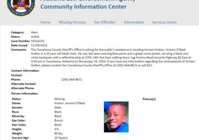Tuscaloosa County Sheriff’s Office Asking for Assistance to Locate Armani Hutton, 10, Last Seen Nov. 19