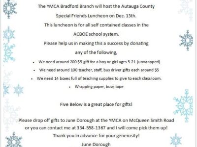 Autauga County Schools Special Friends Christmas Luncheon Slated; Donations Appreciated