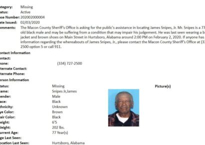 Missing Senior Alert Notification for James Snipes Jr., 77, of Macon County
