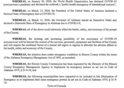 Elmore County Commission, Municipalities Execute Local Declaration of Emergency Conditions in Response to COVID-19