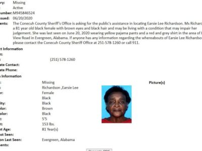Missing and Endangered Person Alert Issued by Conecuh County Sheriff’s Office for Earsie Lee Richardson, 81