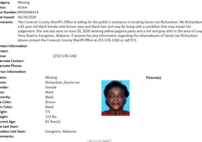 Missing and Endangered Person Alert Issued by Conecuh County Sheriff’s Office for Earsie Lee Richardson, 81