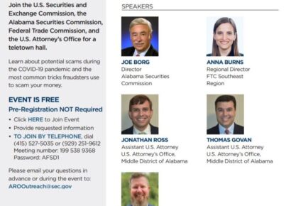 TELETOWN HALL Set for Oct. 6: Avoiding Financial Scams-COVID-19 and Beyond – State and Fed Government