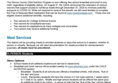 CNP Update: USDA Extends Free Meals For Elmore County Students Through December 31