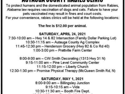 Dates Announced for Autauga County Rabies Clinics; No Info Yet for Elmore County