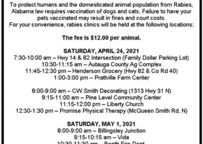 Dates Announced for Autauga County Rabies Clinics; No Info Yet for Elmore County