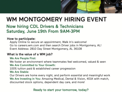 Waste Management to Hold Hiring Event Saturday in Montgomery; Walk Ins Welcome
