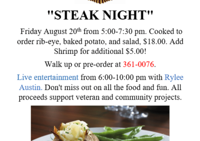 Friday is Steak Night at American Legion Post 122 of Prattville; Music from Rylee Austin