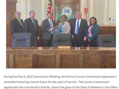 Elmore Commission honors Asst. AG Yvonne Saxon; approves Warrants to fund projects in the county