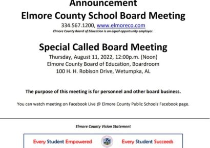 Special Called Board Meeting Announcement for Elmore County School Board Aug. 11 at Noon