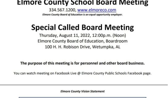 Special Called Board Meeting Announcement for Elmore County School Board Aug. 11 at Noon