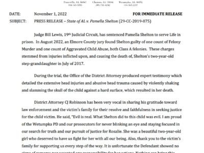 Pamella Shelton Sentenced to Life for Wetumpka Murder of Granddaughter in 2017