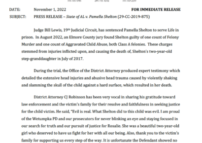 Pamella Shelton Sentenced to Life for Wetumpka Murder of Granddaughter in 2017