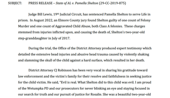 Pamella Shelton Sentenced to Life for Wetumpka Murder of Granddaughter in 2017