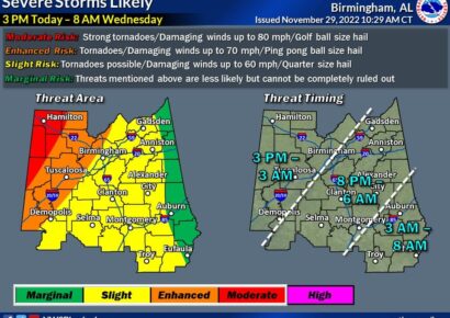 Our area under Slight risk for Severe Weather this evening through tomorrow morning