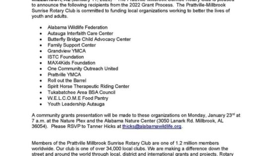 Prattville-Millbrook Sunrise Rotary Club Announces 2022 Grant Award Recipients