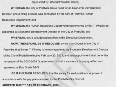Prattville Council to meet tonight at 6 p.m.; Will consider Appointment of Economic Development Director