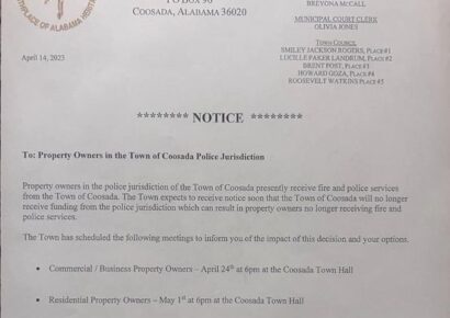 The future of Coosada’s police/fire jurisdictions: Public Meeting May 1 at Town Hall