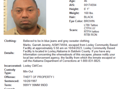 Inmate Escapes from Loxley facility in Baldwin County