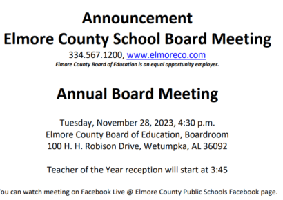 Elmore County Schools: Teacher of the Year reception, Annual Board Meeting is Nov. 28