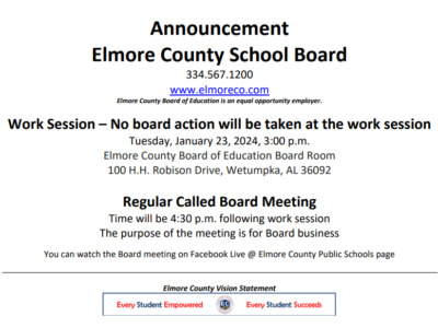 Elmore County School Board to meet January 23 for work session, board business