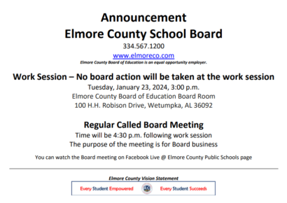 Elmore County School Board to meet January 23 for work session, board business