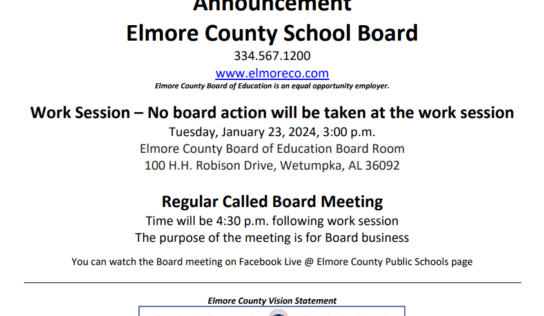 Elmore County School Board to meet January 23 for work session, board business