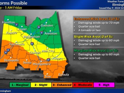 Chance of storms with damaging winds, hail or tornado possible tonight