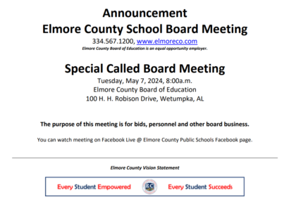 Special Called Board meeting for Elmore County is May 7