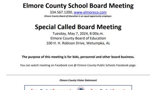 Special Called Board meeting for Elmore County is May 7
