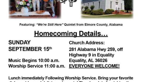 Equality Methodist Church to host Homecoming September 15; All are welcome