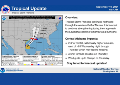Tropical storm Francine continues to move north, River Region could see wind and rain by Wednesday