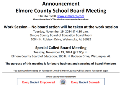 Elmore County School Board to hold work session, meeting Nov. 19
