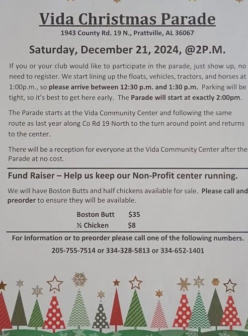 Vida Christmas Parade will roll at 2 p.m. Dec. 21 in Autauga County