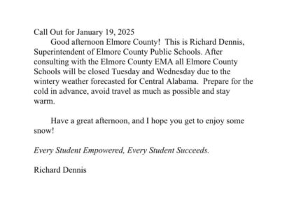Elmore County schools closed Tuesday, Wednesday due to weather forecast