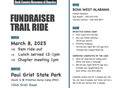 Back Country Horsemen Chapter hosting Trail Ride fundraiser March 8 at Paul Grist State Park
