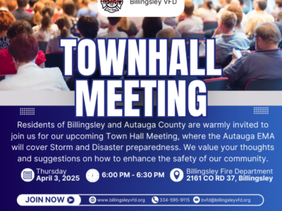 Billingsley Volunteer FD to Host Town Hall Meeting with Autauga EMA on Disaster Preparedness