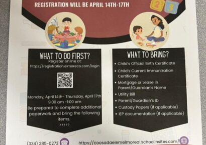Kindergarten registration for Coosada Elementary is April 14-17