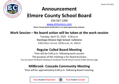 Elmore County School Board meeting is April 15
