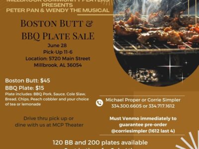 Millbrook Community Players Boston Butt & BBQ Plate Sale is June 28