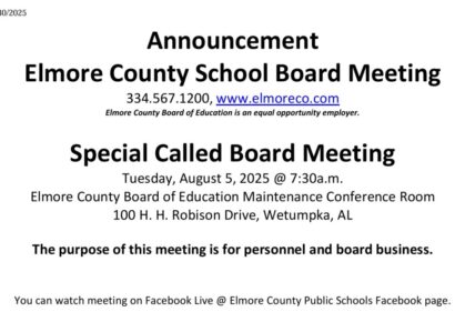 The Elmore County School Board to hold special called meeting August 5